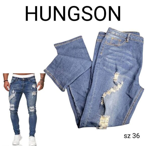 Hungson Distressed Destroyed Ripped Blue Denim Skinny Jeans - Picture 1 of 12